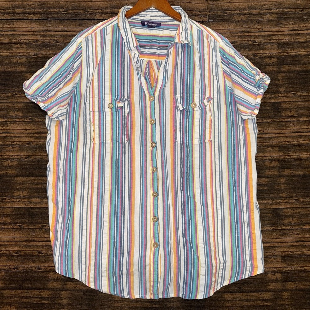 Roaman's Button-Up Womens 22W Multicolor Striped Short Sleeve Pockets